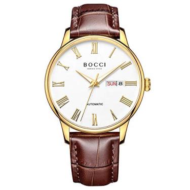 Imagem de Bocci Relógio automático masculino com pulseira de couro, edição limitada, impermeável, luminoso, movimento japonês, casual, números romanos, Dourado, marrom, Relógio Automático