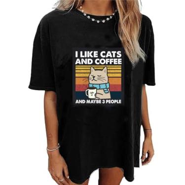 Imagem de Cinyifaan Camisetas femininas de algodão com estampa de gato fofa, vintage, casual, solta, verão, Preto, P