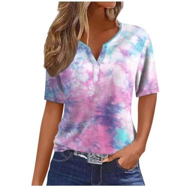 Imagem de Camisetas femininas de manga curta outono verão gola V gradiente ajuste solto tie dye longo camiseta feminina 2024, T-056 multicolorido, 3G