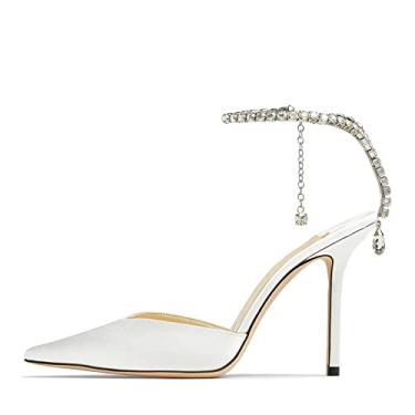 Imagem de BlingQueen Sandália feminina de salto alto, corrente de cristal, strass enfeitada, tira enfeitada, salto alto e costas nuas, sapatos elegantes para noivas, Cetim branco, 41