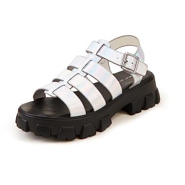 Imagem de LUCKY STEP Sandálias femininas plataforma plataforma bico aberto tira ajustável no tornozelo salto grosso, Holograma prata, 36