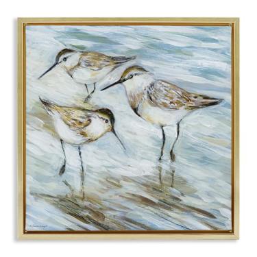 Imagem de Stupell Industries Tela flutuante dourada Wetlands Sandpiper Trio Design de arte de parede por Susan Winget, 45,7 x 45,7 cm