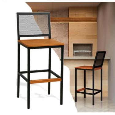 Imagem de Banqueta Alta com Encosto Aço Preto e Assento Madeira Demolição para C