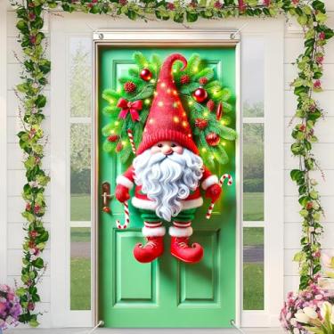 Imagem de BlissYard Decoração de capa de porta de Natal, guirlanda de gnomo iluminada, bengalas de doces 89 x 188 cm, faixa para porta da frente, decoração de Natal para casa, férias, cenário de fotos de Natal