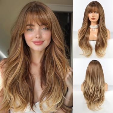 Imagem de HAIRCUBE Peruca Longa Marrom Ombré Com Franja Em Camadas, Cacheada, Para Mulheres, Peruca Sintética Natural Para Uso Diário (Pelucas De Cabelo Natural)