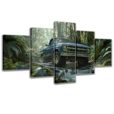 Imagem de CANLUNTE 5 painéis vintage azul caminhonete cruzando rio em floresta densa impressão em tela - pintura de arte de parede para decoração de casa (art-1, moldura grande 152 x 76 cm)