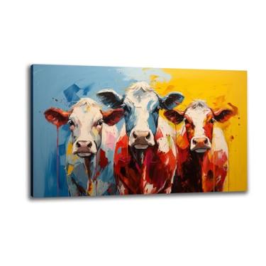 Imagem de CANLUNTE Pintura a óleo com tema de fazenda moderna pós-impressão - Design abstrato de três vacas, decoração vibrante de 76 x 102 cm para sala de estar (tamanho 5: 28 x 56 polegadas (70 x 140 cm))