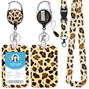 Imagem de Soleebee Porta-crachá de identificação com cordão destacável, etiquetas de nome com estampa de leopardo dourado brilhante, porta-cartões de identificação, chaveiro retrátil, carretel de crachá