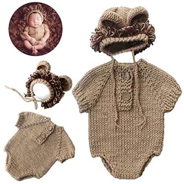 Imagem de SPOKKI Acessório de fotografia para recém-nascidos, fantasia feita à mão para bebês, meninos, sessão de fotos, chapéu, calças/capa de fralda para bebês meninos e meninas, princesas gêmeos (leão marrom)