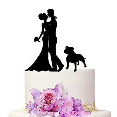 Imagem de YAMI COCU Topos de bolo de casamento noiva e noivo com cachorro animal cor preta silhueta acrílica festa de casamento decoração de noivado