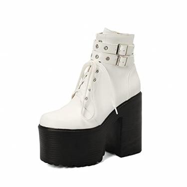 Imagem de Botas femininas de plataforma gótica no tornozelo Chunky Block com cadarço salto alto punk motocicleta botas de combate,White,5 UK/38 EU