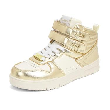 Imagem de LUCKY STEP Tênis feminino de cano alto, moderno, basquete, cano baixo, caminhada, tênis, plataforma, casual, de couro sintético, Dourado, 38