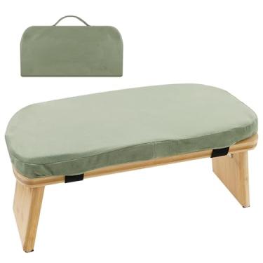 Imagem de kaimenhong Banco de meditação dobrável, banco de joelho de bambu com almofada, cadeira de meditação portátil, banco de ioga, banco de ioga, prática zen, cadeira de ajoelhar confortável, 43 x 19 x 18