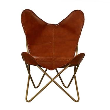 Imagem de Cadeiras elegantes feitas à mão em couro para sala de estar - Cadeira borboleta com borboleta lateral bronze em couro pontiagudo - Feito à mão com moldura de ferro dobrável revestida com pó (capa com moldura dobrável) (moldura dourada fria)