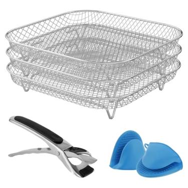 Imagem de Rack de fritadeira a ar com clipe de aço inoxidável de 21 cm empilhável de 3 camadas 360° para a maioria das fritadeiras a ar.