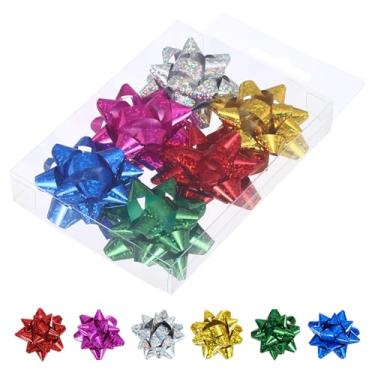 Imagem de PATIKIL Mini laços de presente de estrela de 5 cm, 6 peças de laços autoadesivos metálicos pequenos para presente de Natal, casamentos, festas de aniversário, cores mistas a laser