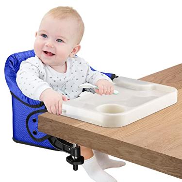 Imagem de Cadeira com gancho e bandeja de jantar removível, cadeira alta de mesa portátil, assento de bebê compacto dobrável com bolsa de armazenamento para ambientes internos/externos (azul)