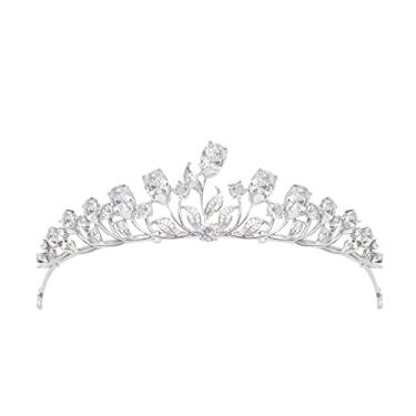 Imagem de YYSuniee Tiara coroa de casamento de latão banhado a prata elegante oval zircônia cúbica em forma de flor coroas de princesa para presente feminino