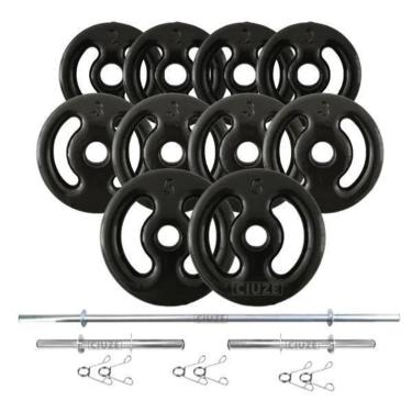 Imagem de Kit Anilhas Emborrachadas PRETA 30Kg + Barras Com Presilhas-Unissex