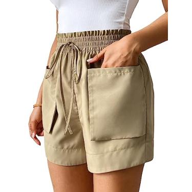Imagem de SOLY HUX Short feminino com estampa tropical amarrada na frente e na cintura, shorts de verão com pernas largas, Cáqui liso, P