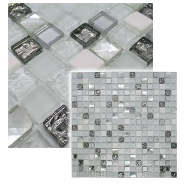 Imagem de Pastilha De Vidro Cristal Piscina Sauna Cozinha Banheiro Revestimento Decora��o OPALA Mescla Branco Cinza Prata Craquelada e Efeito Diamante 30x30cm La Bella Griffe