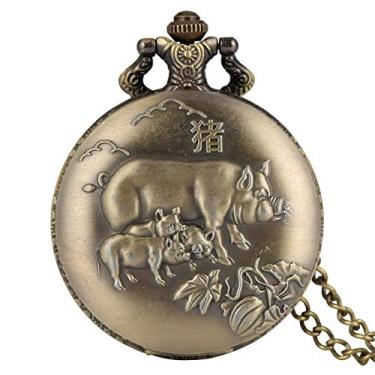 Imagem de Bronze antigo Chinois zodiaque série design quartzo montre de poche montre animal Collier pendentif Cadeau ancienne montre Fob chaîne cochon