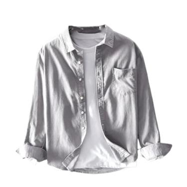Imagem de Camiseta masculina de manga longa primavera outono casual casual algodão sólido bolso de veludo cotelê Slim Shirt Harajuku Top, Cinza claro, G