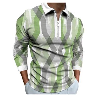 Imagem de Camisa polo masculina estampa Argyle 3D camiseta de golfe combinando com meio zíper frontal pulôver, Verde, XG