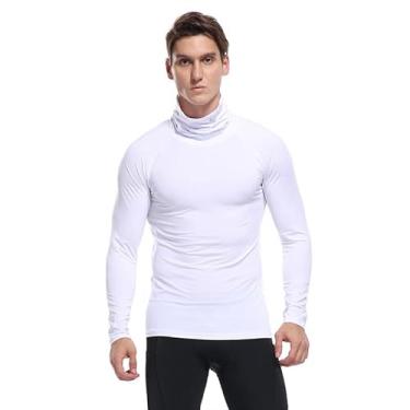 Imagem de BAFlo Camiseta masculina de manga comprida gola alta alta elasticidade justa secagem rápida roupas esportes ao ar livre, Branco, P