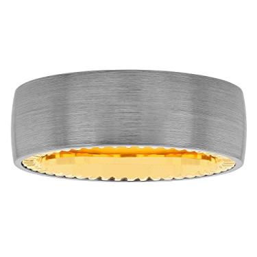 Imagem de STEEL NATION JEWELRY Aliança de casamento masculina com acabamento acetinado cinza prateado de carboneto de tântalo 8 mm com interior dourado amarelo, Metal, Sem pedra preciosa