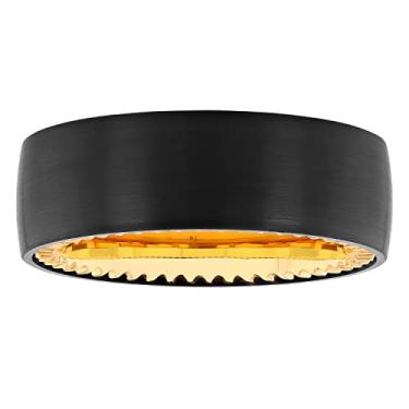 Imagem de Aliança de casamento masculina de carboneto de tântalo com acabamento preto fosco de 8 mm com interior dourado amarelo, Metal, Sem pedra preciosa