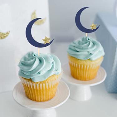 Imagem de 12pcs Moon and Star Cupcake Toppers - over the Moon Cupcake Toppers, Twinkle Twinkle Little Star Cupcake Toppers, Outer Space Theme Party Decorations
