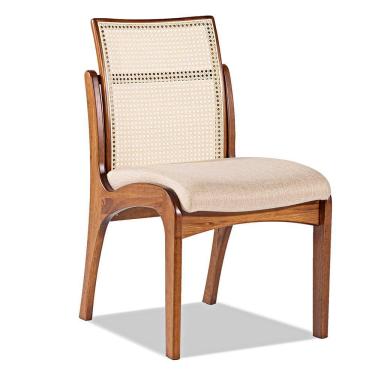 Imagem de Cadeira para Mesa de Jantar Lisboa com Encosto em Rattan Madeira Maciça Linho Bege M58 RMI