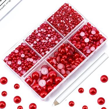 Imagem de Briskbloom 3600 peças de meias pérolas vermelhas de fundo plano, 2 mm, 3 mm, 4 mm, 5 mm, 6 mm, 8 mm, meias pérolas para artesanato, scrapbooking, pedras de pérola plana para decoração de joias DIY, pérolas soltas imitações