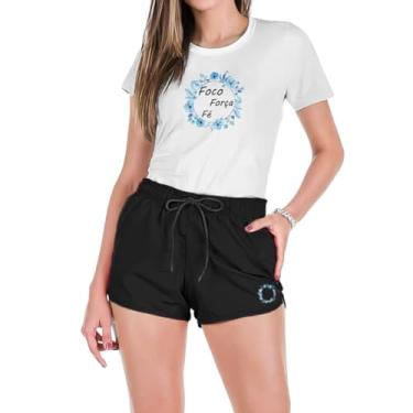 Imagem de Conjunto Feminino Verão Moda Praia Camiseta de Algodão e Short de Tactel Estampados (BRANCO E PRETO FLORES, G)