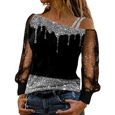 Imagem de Aniywn Camiseta feminina de manga comprida com ombro de fora e lantejoulas de malha com glitter, blusa de festa, clube, blusa Y2K, A7 - prata, GG
