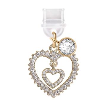 Imagem de ELISE & FONDA TP412 Tipo-C porta de carregamento USB antipoeira plugue cristal duplo coração amor charme celular para iPhone 15/Samsung/OnePlus/Xiaomi/oppo telefones Android (ouro), approx.2.3 cm (L)