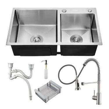 Imagem de Kit Cuba Dupla Gourmet 78x43 Completa Com Acessórios Pia Cozinha + Torneira Monocomando Extensível Flexível Aço Inox Prata Brinovar