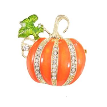 Imagem de Broche de abóbora com strass dourado esmaltado Dia das Bruxas Ação de Graças Planta Laranja Folha Verde Chique Broches de Cristal Alfinetes de Lapela para Mulheres Outono Outono Inverno Festival Natal