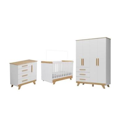 Imagem de Quarto Completo Bebe Moveis Peroba Retro 04 portas MDF LS, Branco Amên