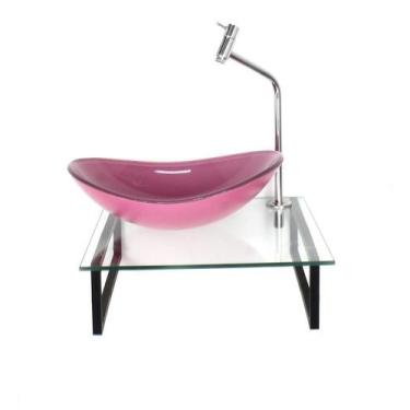 Imagem de Kit Cuba Vidro Oval 10Mm Rosa Tampo 40Cm Incolor E Suporte - Cubas E G