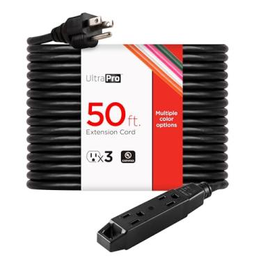 Imagem de UltraPro Cabo de extensão de 50 pés, tira de energia de 3 tomadas, isolamento duplo, aterrado, resistente, calibre 16, uso geral, uso interno/externo, listado pela UL, preto, 50813