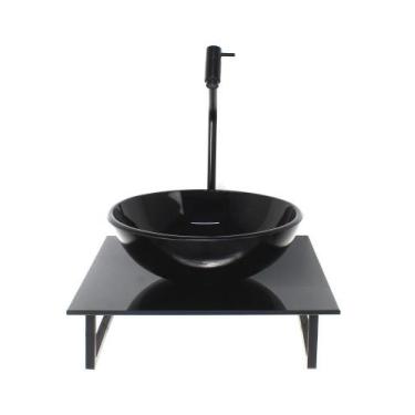 Imagem de Kit cuba de vidro redonda 10mm com tampo de vidro 40cm x 40cm preto fu