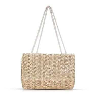 Imagem de QTKJ Bolsa de palha, bolsas transversais para mulheres, bolsa de mão macia tecida à mão, bolsa de mão de grande capacidade, bolsa de verão adequada para férias e viagens diárias (cáqui), Caqui