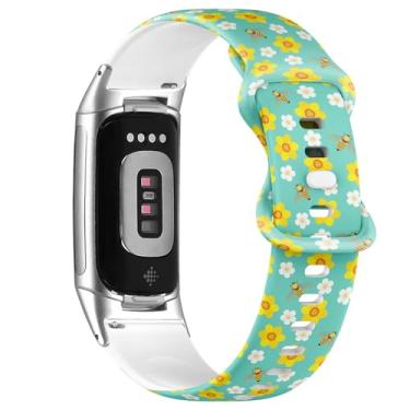 Imagem de Pulseira esportiva macia compatível com Fitbit Charge 5/Fitbit Charge 6 (narcisos amarelos abelhas) para mulheres e homens