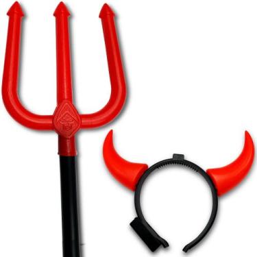 Imagem de Chifre Vermelho de Led Com Tridente Para Fantasia Halloween - LePlasti