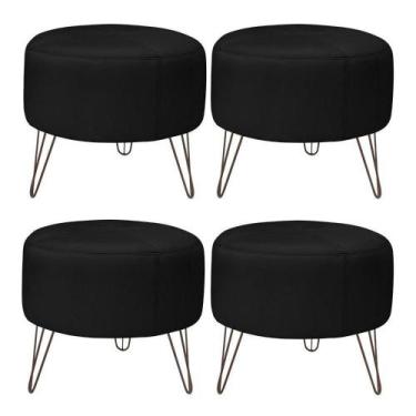 Imagem de Kit 4 Puffs Decorativos Redondo Pés Metal Couro Preto - Gran Belo