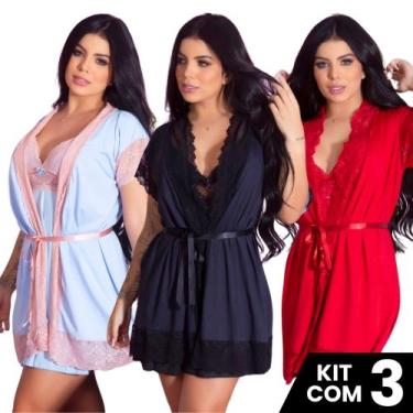 Imagem de Kit 3 Robes  Renda Luxo  Feminino Noiva Sexy Roupão de Banho Kimono Ro