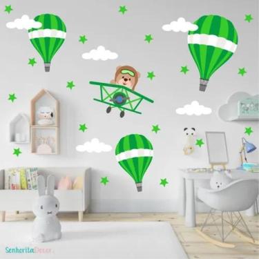 Imagem de Adesivo De Parede Urso Aviador Verde Quarto De Meninos - pinkie