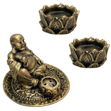 Imagem de Incensário Mini Buda + 2 Porta Incenso Flor De Lótus Resina - LZ Decor